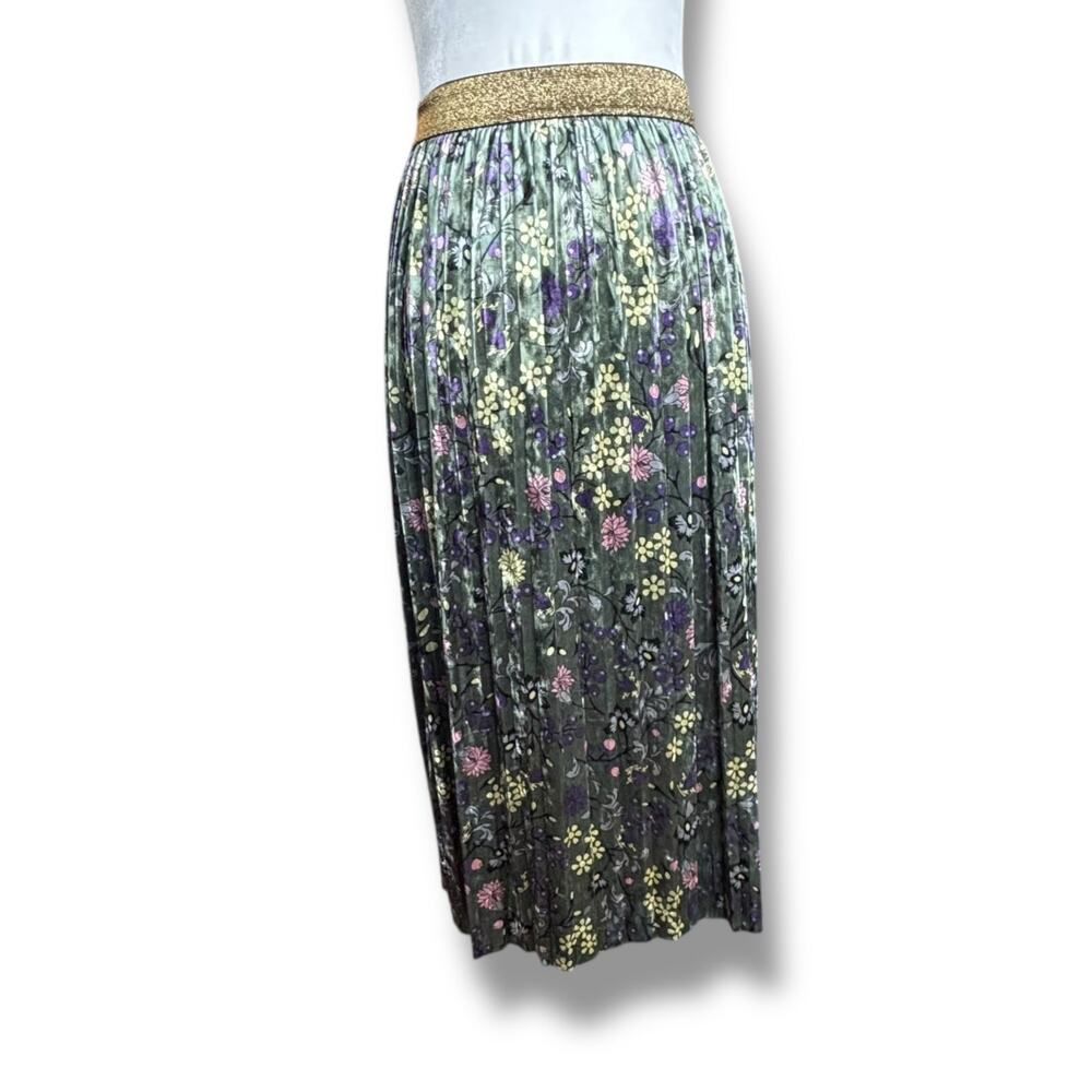 ModCloth Green Floral Pleated Velvet Midi Skirt Gold Glitter Waist Romantic - Picture 4 of 11